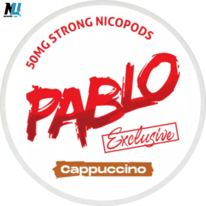 Close‑up of Pablo Exclusive Cappuccino 50 mg nicotine pouches in a sleek white can with cappuccino swirl label, showing 20 portions