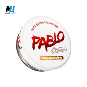 Opened can of Pablo Exclusive Cappuccino 50 mg nicotine pouches with white slim portions fanned out on black marble background