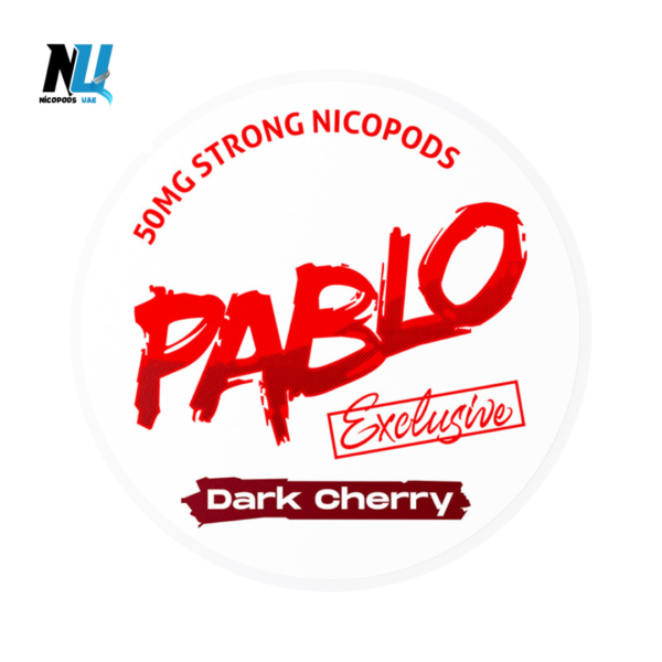 Detailed view of slim Pablo Exclusive Dark Cherry 50mg Nicotine Pouches with rich cherry accents