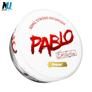 Open can of Pablo Exclusive Pear 50mg tobacco‑free nicotine pouches showing slim white, pear‑flavored pouches – Dubai & UAE