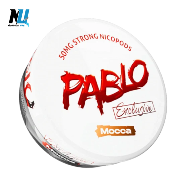 Front view of Pablo Exclusive Mocca 50mg nicotine pouch can with slim all‑white portions on a rich mocha swirl background