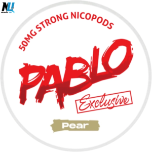 Front view of closed Pablo Exclusive Pear 50mg tobacco‑free nicotine pouches can with pear blossom design – fast Dubai & UAE delivery